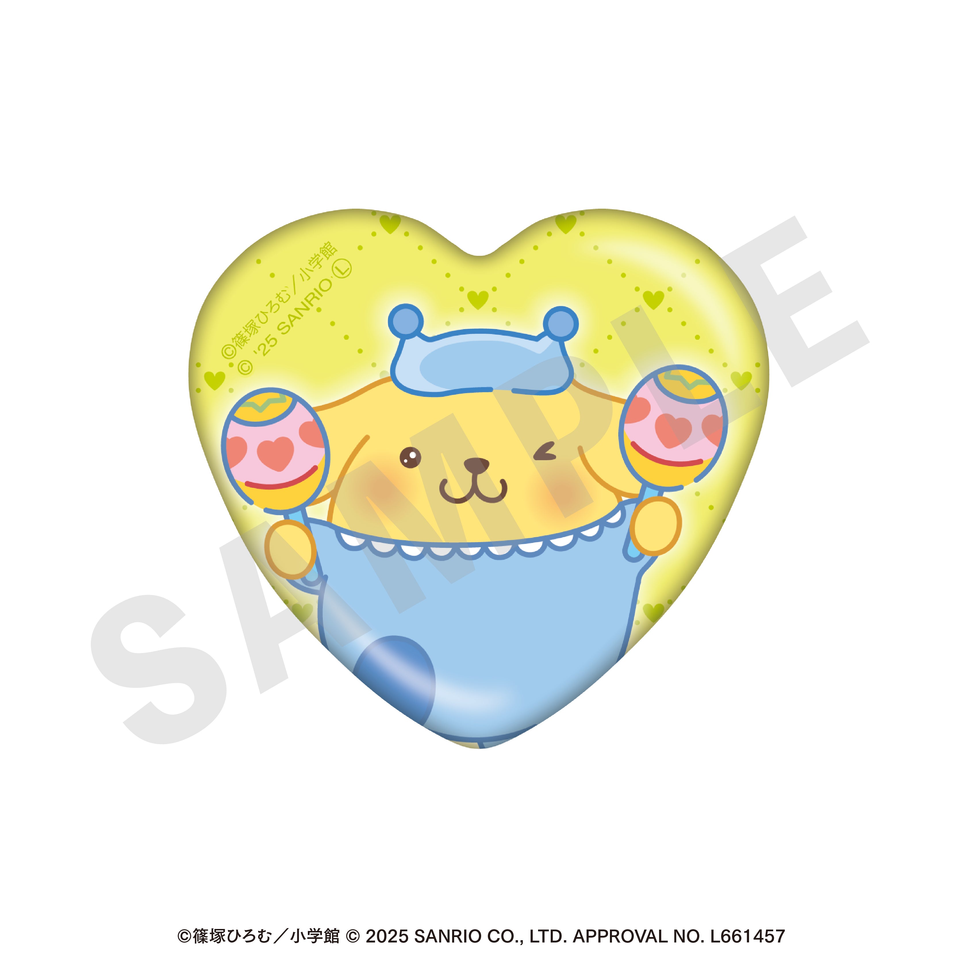 ちゃおヒロインズ×サンリオキャラクターズ のグッズ、ポムポムプリンの缶バッジの画像です