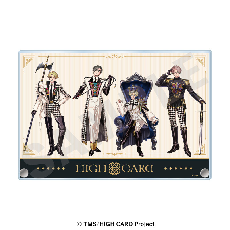 『HIGH CARD』 のグッズ、フィン・オールドマン、クリス・レッドグレイヴ、レオ・コンスタンティン・ピノクル、フラン・オールドマンのアクリルプレートの画像です