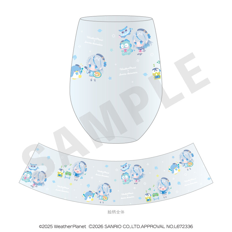WeatherPlanet x Sanrio characters のグッズ、雨海ルカ・ハンギョドン・タキシードサム・けろけろけろっぴのグラスの画像です