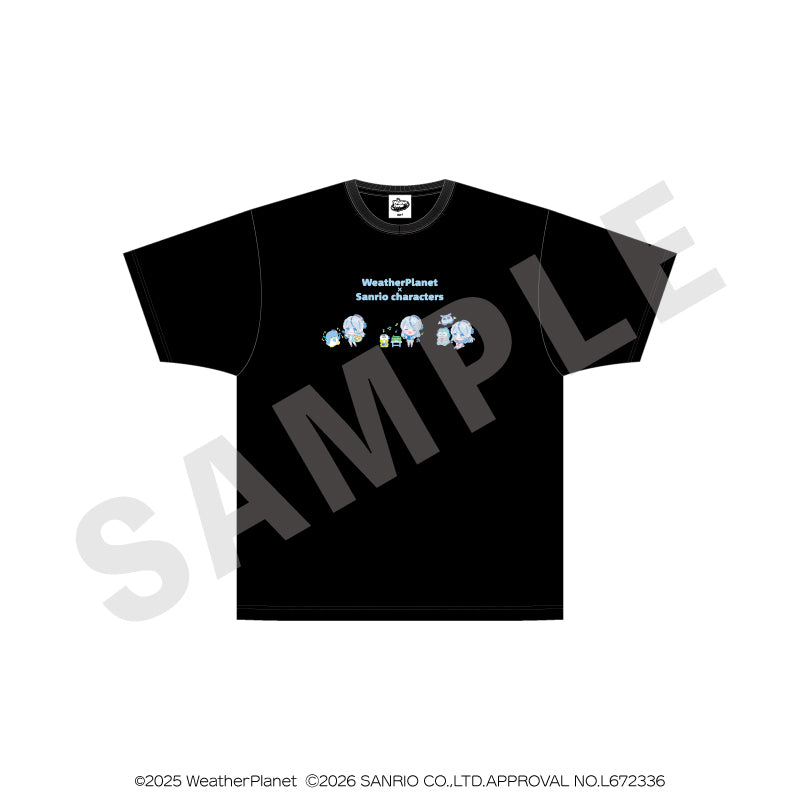 WeatherPlanet x Sanrio characters のグッズ、雨海ルカ・ハンギョドン・タキシードサム・けろけろけろっぴのTシャツの画像です