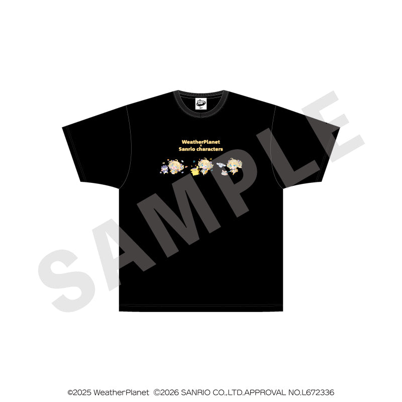 WeatherPlanet x Sanrio characters のグッズ、天晴ひなた・バッドばつ丸・ポムポムプリン・シナモロールのTシャツの画像です