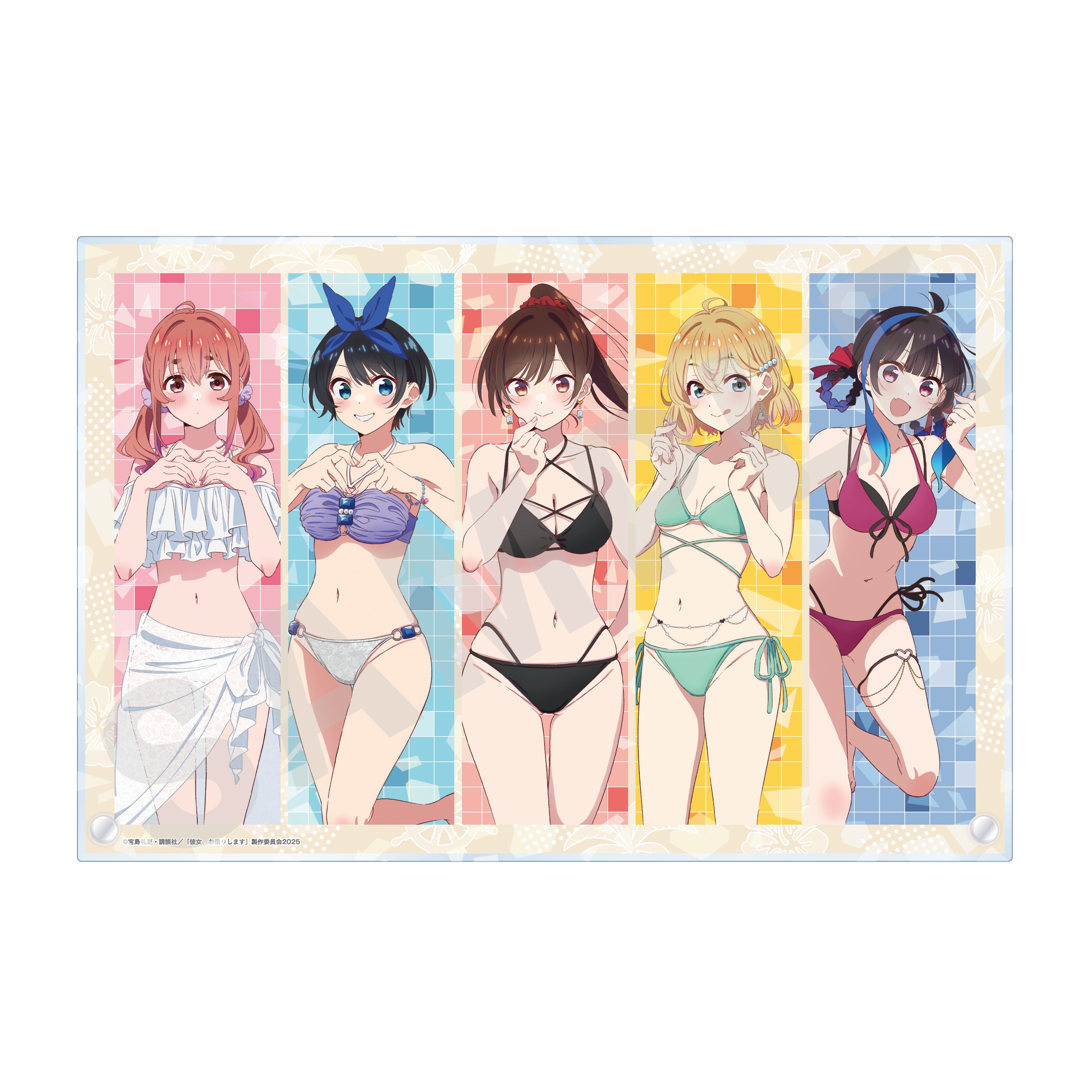 彼女、お借りします のグッズ、水原千鶴・七海麻美・更科瑠夏・桜沢墨・八重森みにのアクリルプレートの画像です