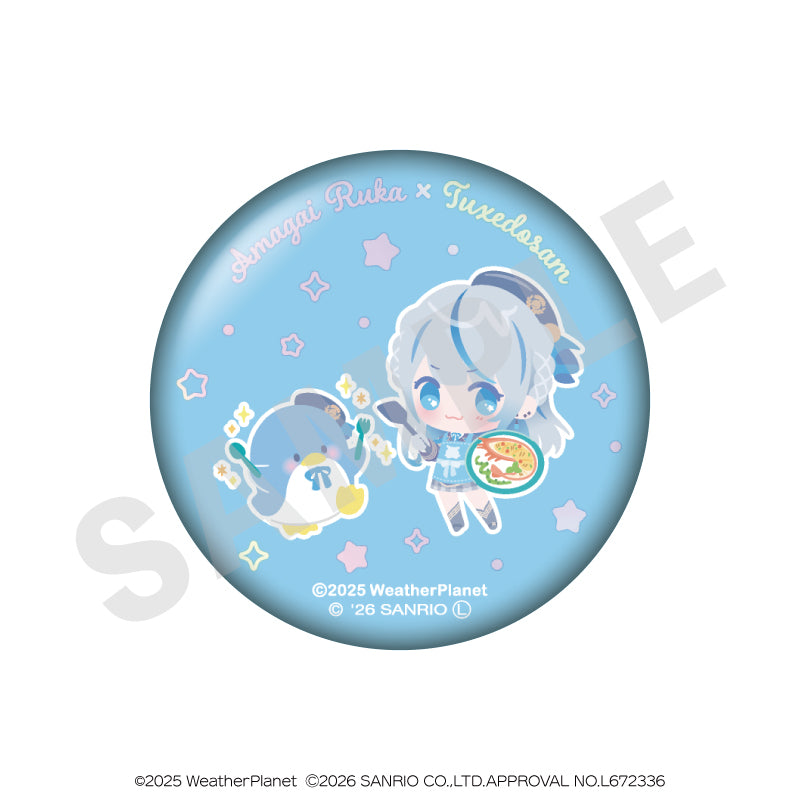WeatherPlanet x Sanrio characters のグッズ、雨海ルカ・タキシードサムの缶バッジの画像です